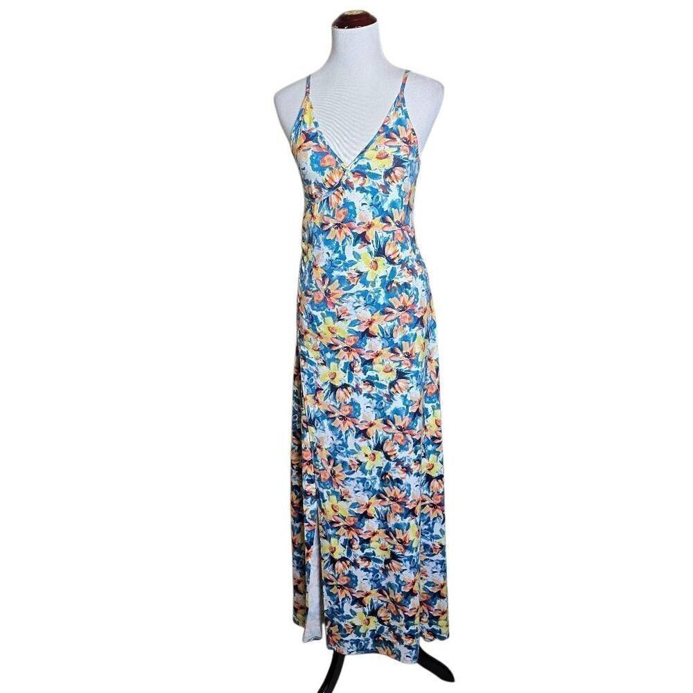 GUESS Floral Maxi Dress Small Blue Yellow Orange Slit Surplice Summer Boho